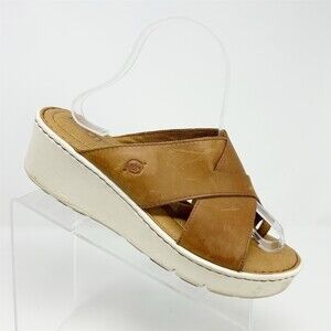 Born Sandals Size 8 Brown Criss Cross Slide Open Toe Wedge Platform Size 10